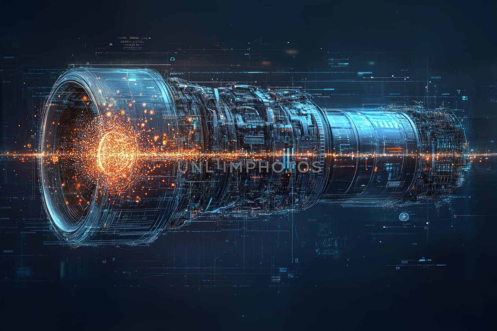 A jet engine split into two forms: one made of glowing digital particles, the other solid metal.