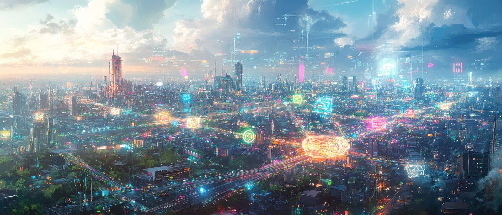 A sprawling city overlaid with a glowing holographic network of interconnected IoT devices.