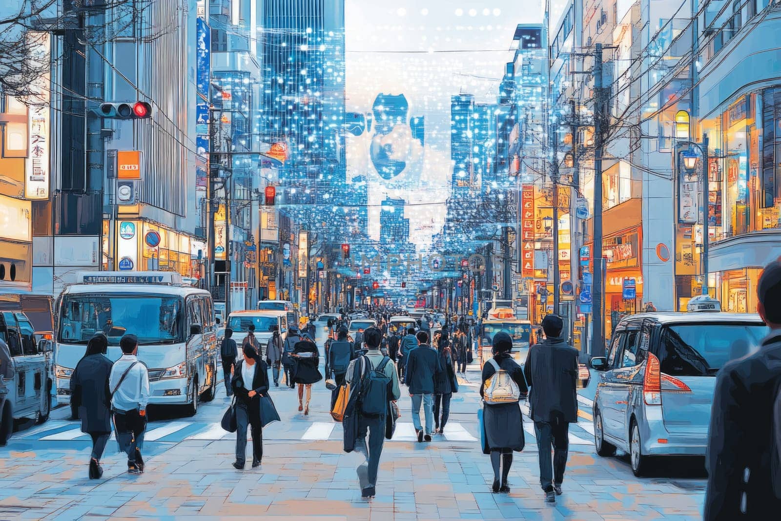 A bustling city street where data points and holographic overlays float above people, vehicles, and buildings.
