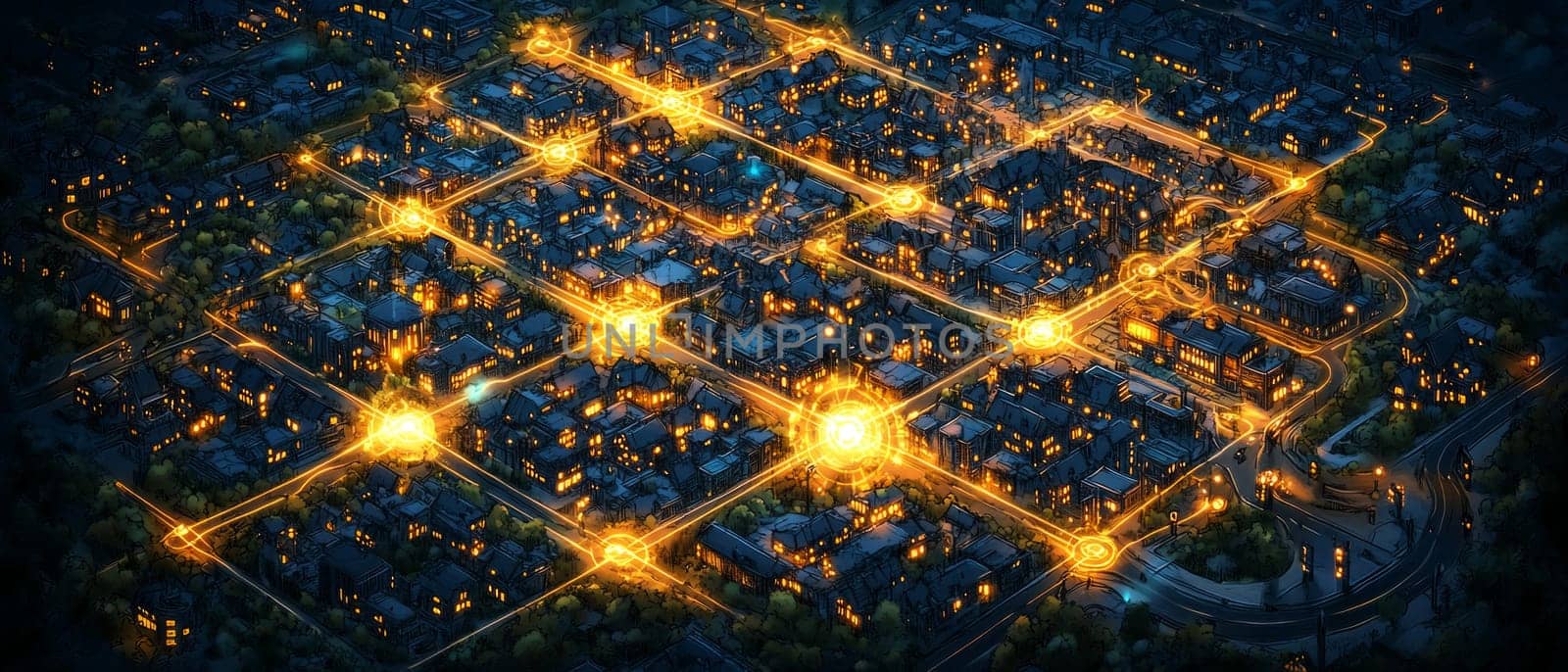 A sprawling city overlaid with a glowing holographic network of interconnected IoT devices.