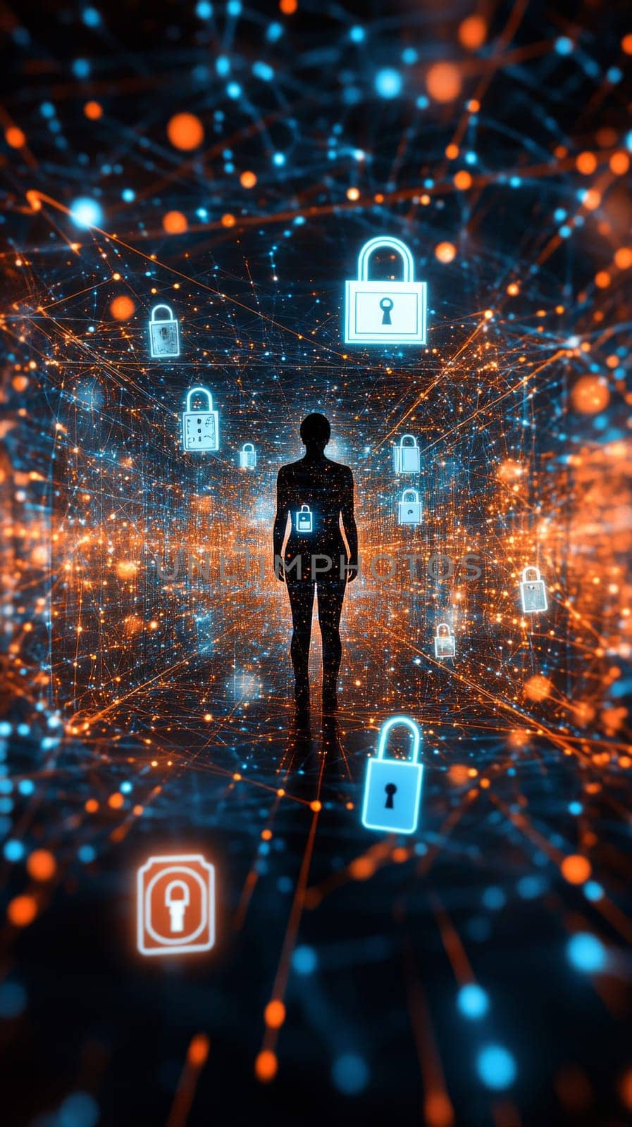 A human figure standing in the center of a digital matrix made of intersecting lines and glowing dots.