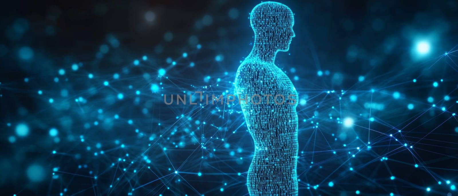 A human silhouette made of transparent holographic code stands in front of a glowing network of blue lines. The silhouette is connected to nodes representing biometric authentication data.