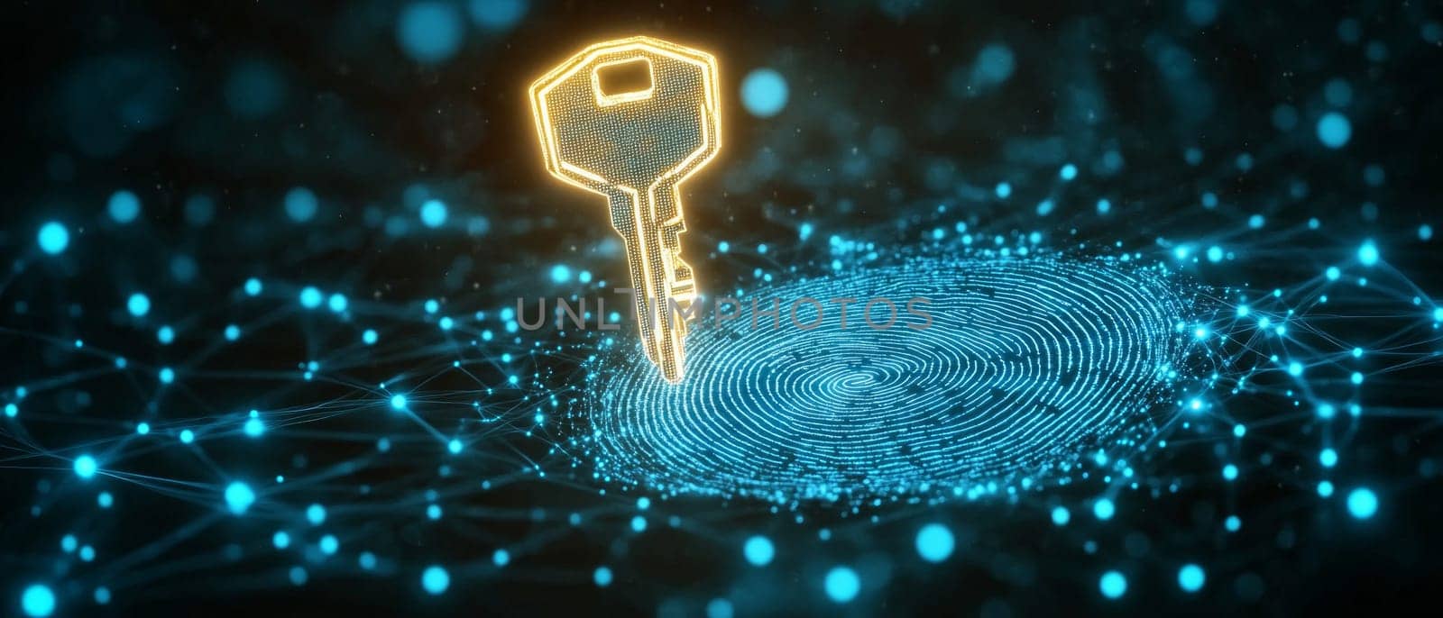 A glowing holographic key floating above a fingerprint made of blue-toned lines and particles. The fingerprint connects to a network of dots, symbolizing digital identity and authentication.