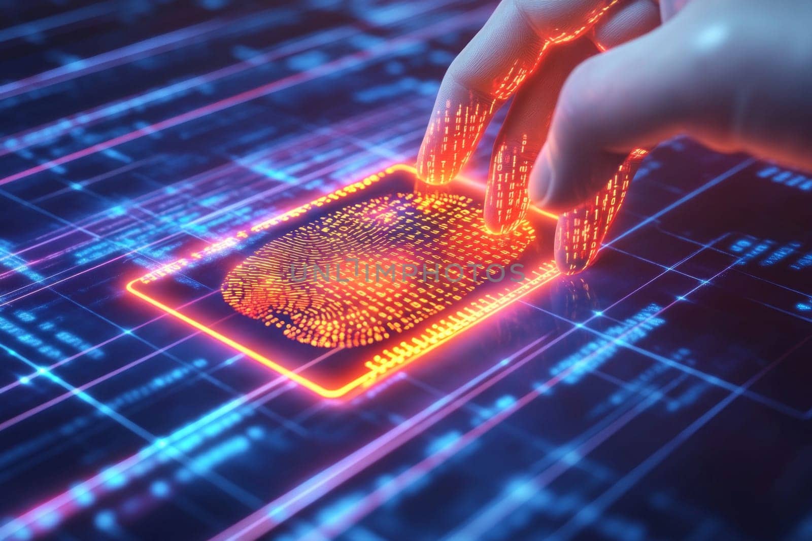 A digital ID card glowing with binary code, floating above a handprint scan. The handprint connects to holographic lines, representing secure identity authentication through personal data.