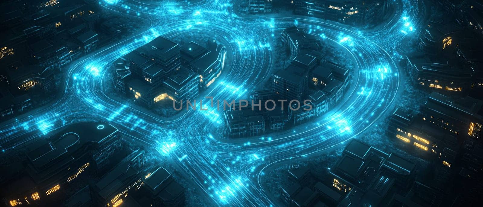 A city seen from above, with glowing blue data streams flowing through streets and buildings.