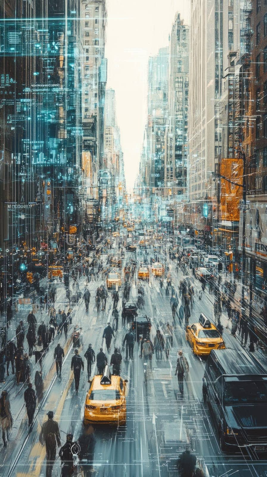 A bustling city street where data points and holographic overlays float above people, vehicles, and buildings.