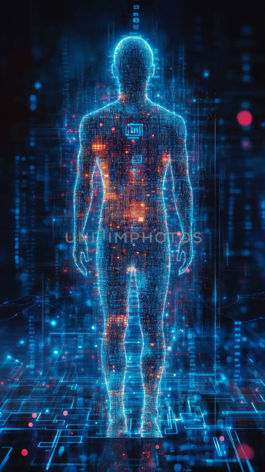A human silhouette made of transparent holographic code stands in front of a glowing network of blue lines. The silhouette is connected to nodes representing biometric authentication data.