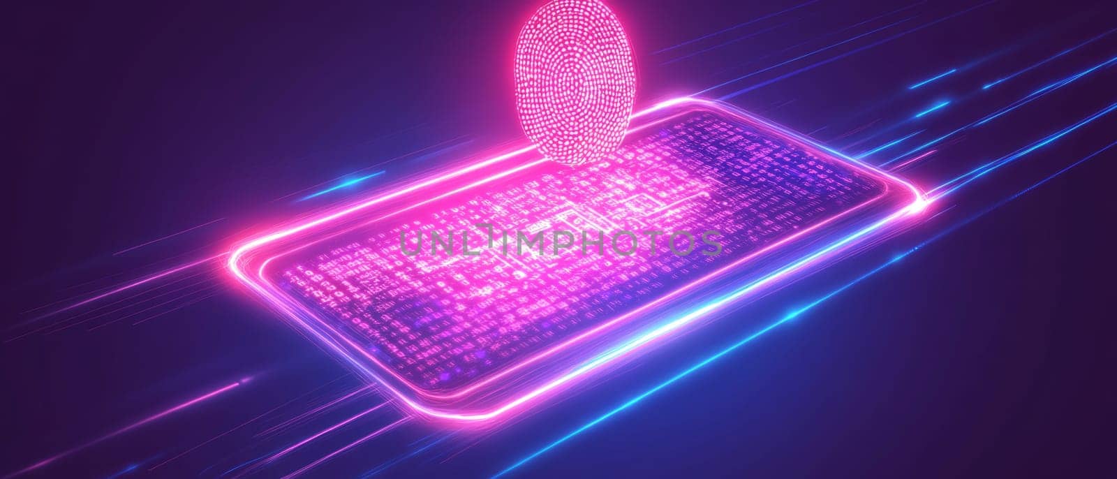 A digital ID card glowing with binary code, floating above a handprint scan. The handprint connects to holographic lines, representing secure identity authentication through personal data.