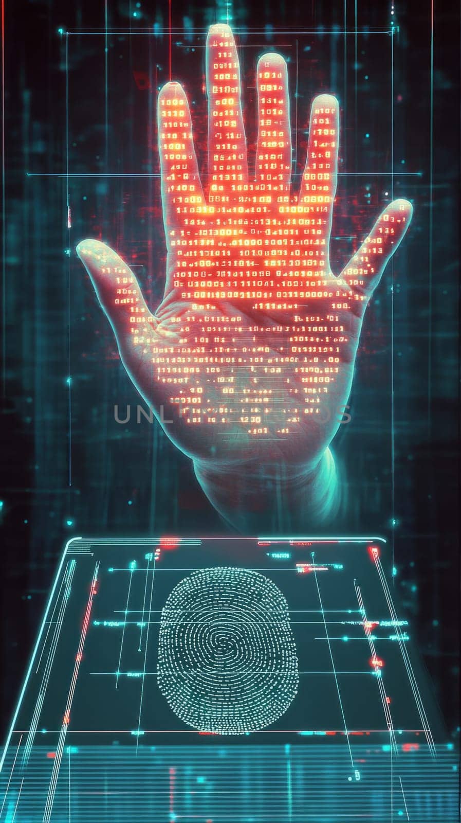 A digital ID card glowing with binary code, floating above a handprint scan. The handprint connects to holographic lines, representing secure identity authentication through personal data.