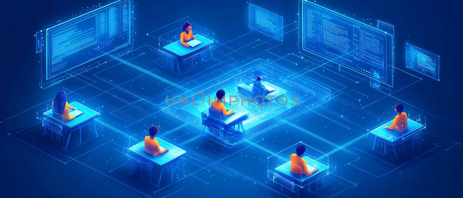 A glowing holographic classroom where students sit at virtual desks, with floating digital screens displaying lessons. Blue-toned lines connect each student to a central digital hub.