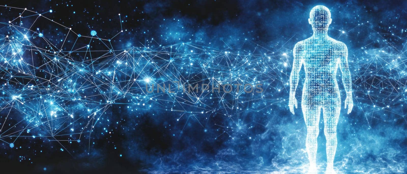 A human silhouette made of transparent holographic code stands in front of a glowing network of blue lines. The silhouette is connected to nodes representing biometric authentication data.