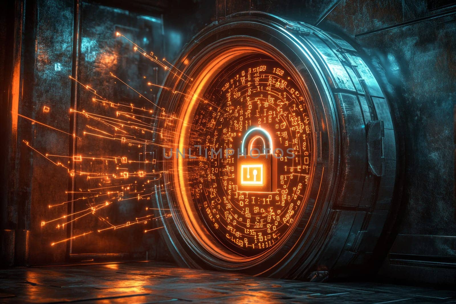 A glowing vault door with a digital padlock made of numbers and lines. Holographic streams of data flow around the vault, representing secure digital identity and authentication mechanisms.