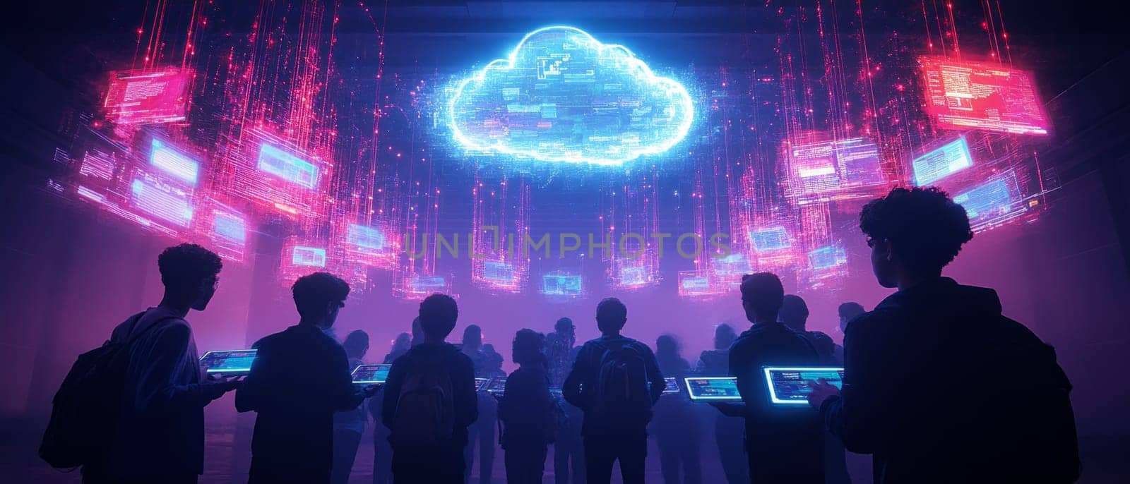 A group of students connected by glowing data streams to floating digital tablets. Above them, a holographic cloud displays lessons, videos, and interactive tools, symbolizing cloud-based e-learning.