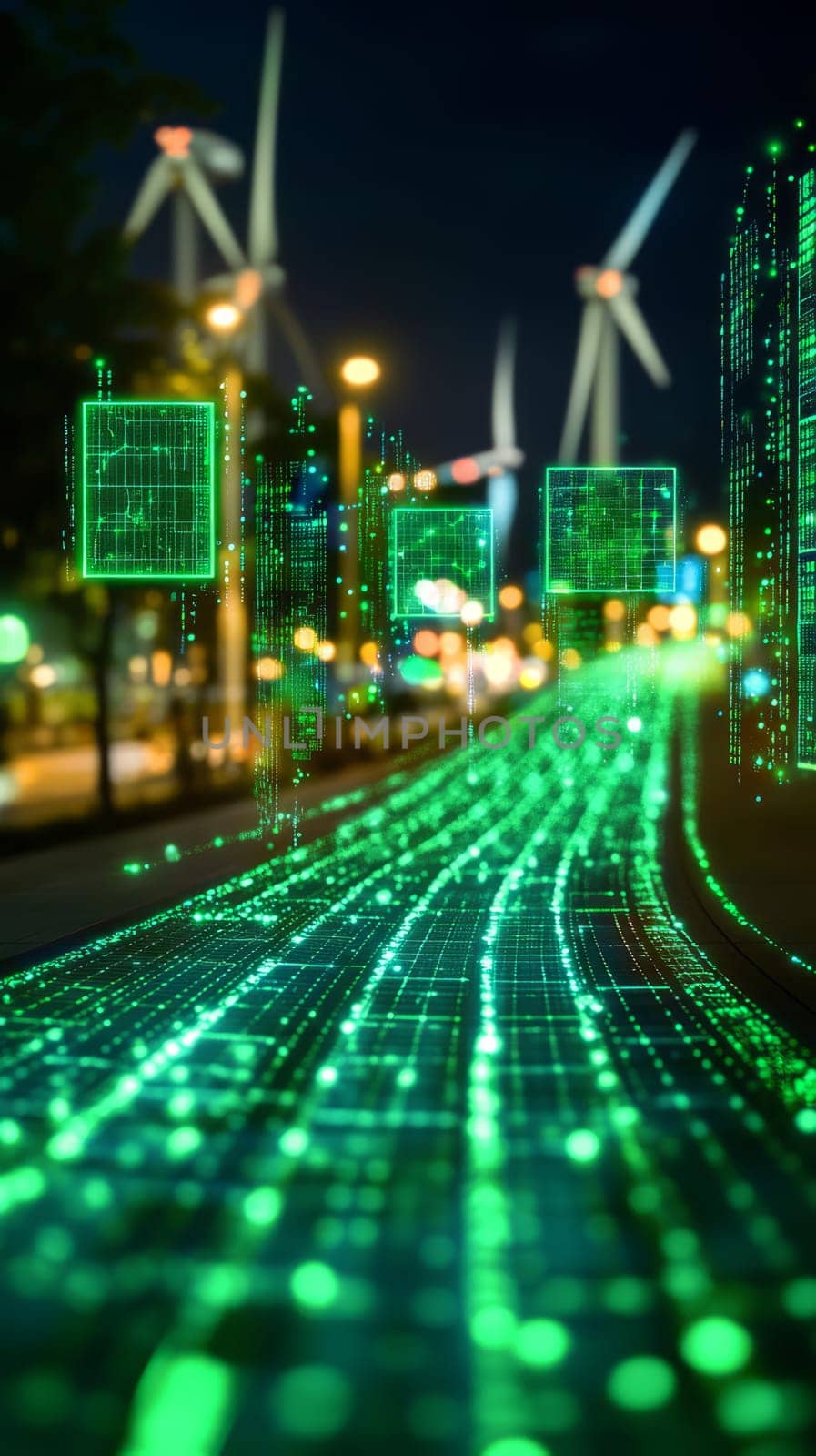 A network of glowing green data streams flowing between servers, solar panels, and wind turbines. The data streams have holographic overlays showing energy consumption and carbon footprint reduction.