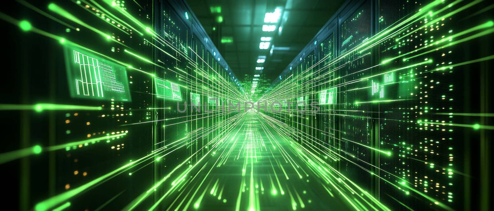 A network of glowing green data streams flowing between servers, solar panels, and wind turbines. The data streams have holographic overlays showing energy consumption and carbon footprint reduction.