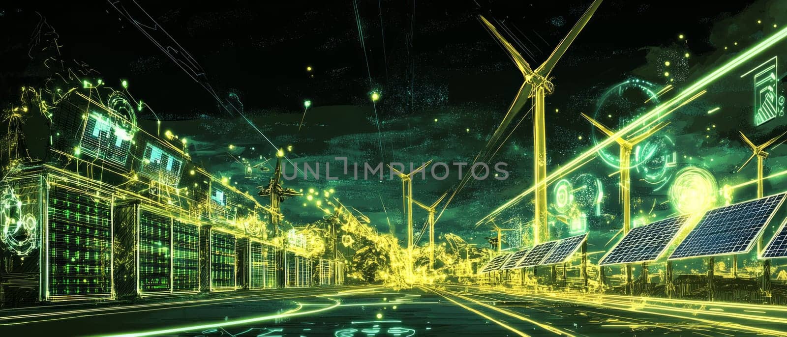 A network of glowing green data streams flowing between servers, solar panels, and wind turbines. The data streams have holographic overlays showing energy consumption and carbon footprint reduction.