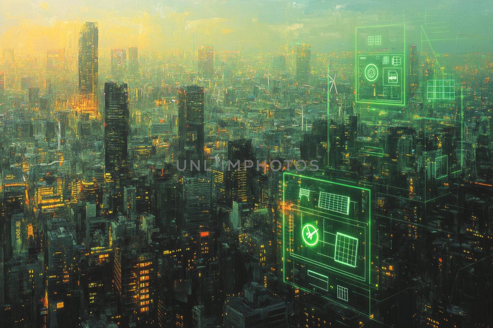A cityscape overlaid with a green, glowing digital grid. Holographic icons of solar panels, wind farms, and energy-efficient servers highlight the integration of technology with sustainability.