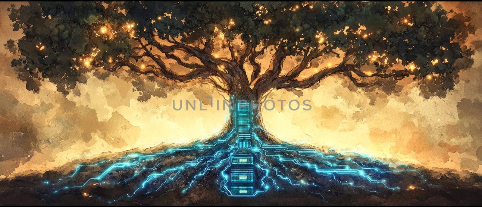 A tree with roots made of glowing blue circuits, symbolizing the merging of technology and nature. Data flows through the roots into servers embedded in the earth, representing Green IT systems.
