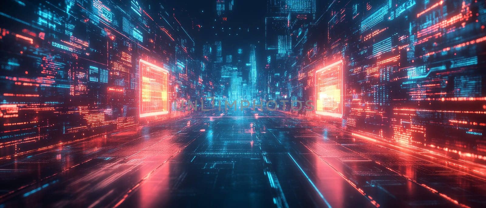 A futuristic city where one side is glowing with holographic interfaces, smart devices, and data streams, while the other side is dark and empty, representing the stark contrast of the digital divide.