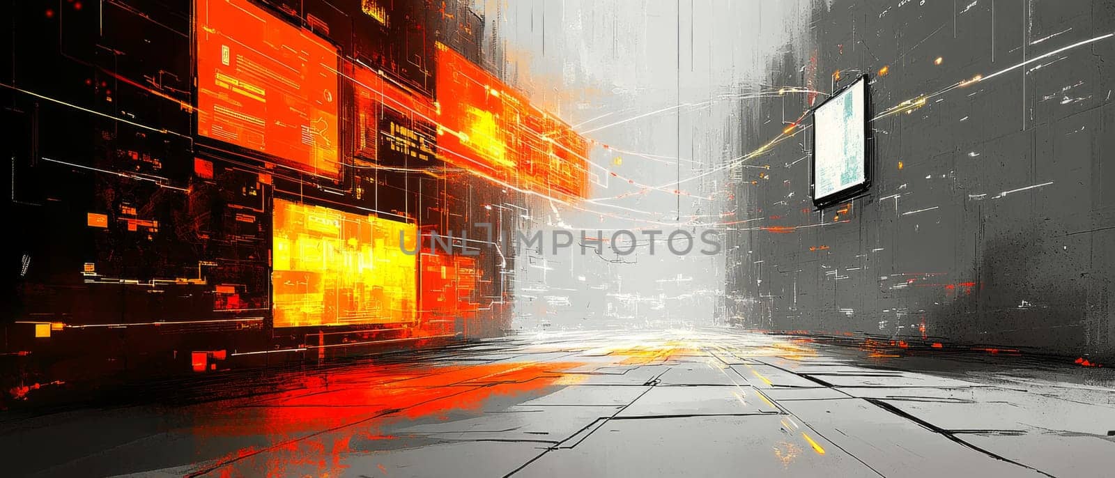 Two parallel worlds: one vibrant and filled with floating digital screens, lines, and holograms; the other gray and devoid of technology. A few glowing lines attempt to connect the two worlds.
