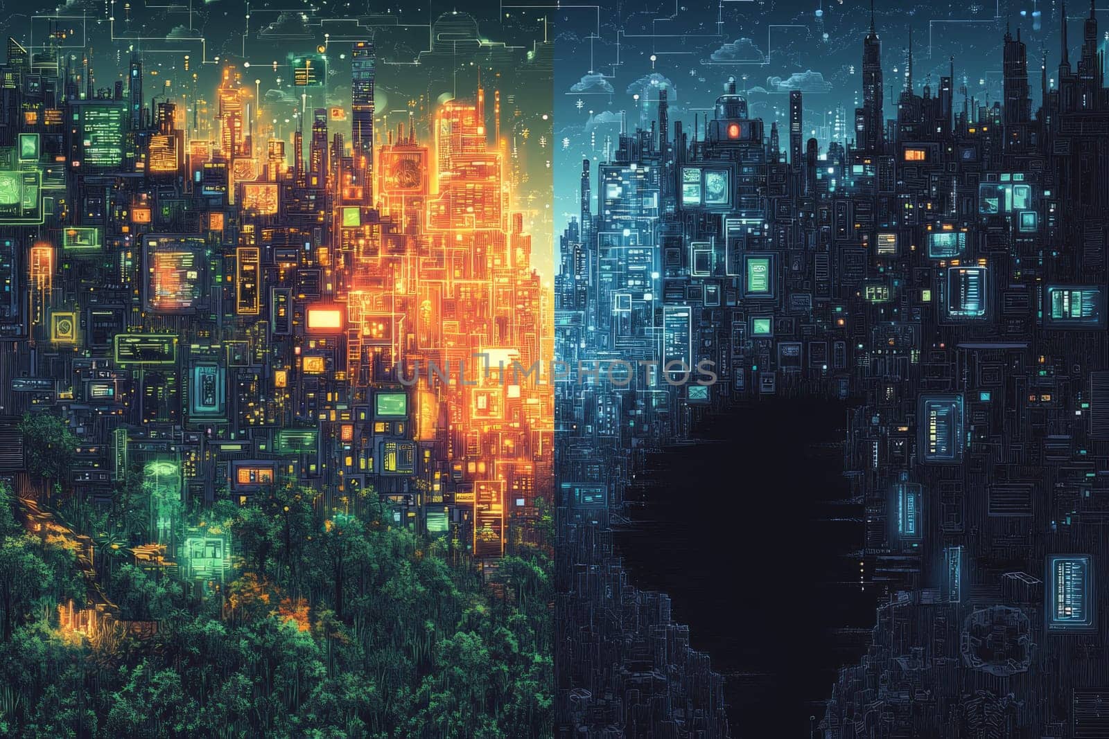 A futuristic city where one side is glowing with holographic interfaces, smart devices, and data streams, while the other side is dark and empty, representing the stark contrast of the digital divide.
