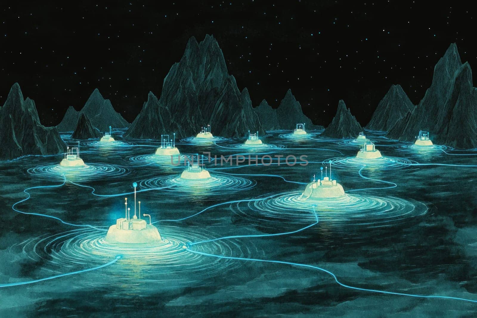 Small, glowing islands of connected devices float in a vast dark ocean.