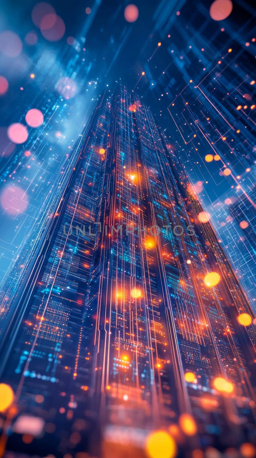 A towering digital skyscraper made of glowing circuits and lines, representing cloud infrastructure. Data flows in holographic streams between servers and nodes within the structure.
