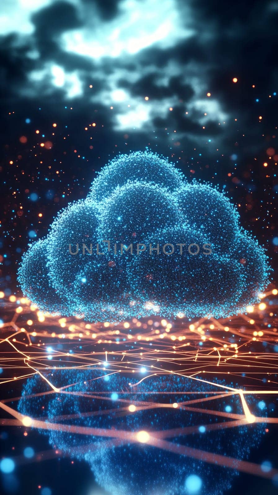 A vast, glowing cloud made of blue-toned particles hovers over an interconnected network of holographic lines and dots, symbolizing the limitless scalability of cloud computing.