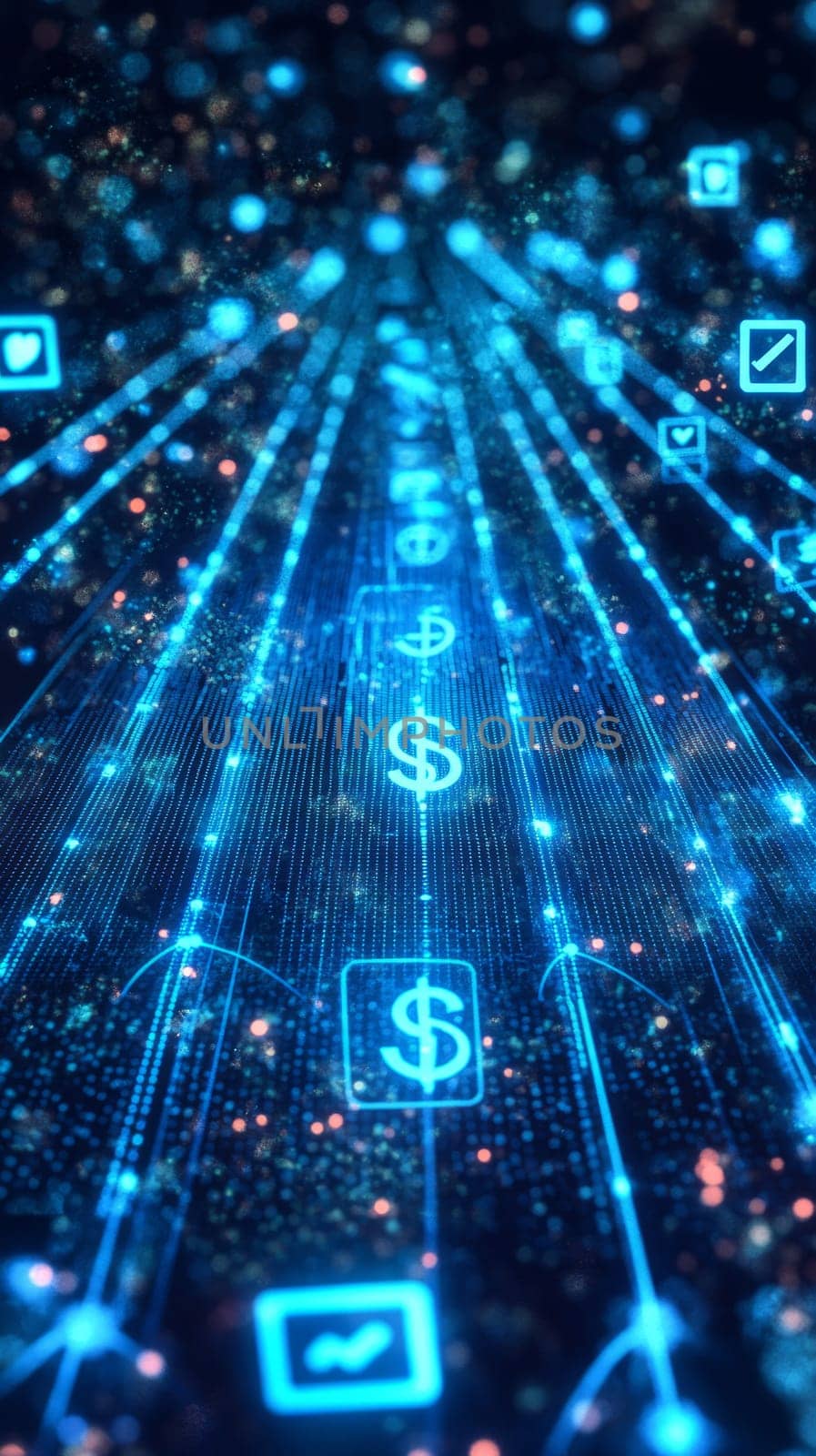A blank digital canvas glowing with blue-toned lines and dots, with holographic overlays of ads, likes, and dollar signs appearing as the artist creates.