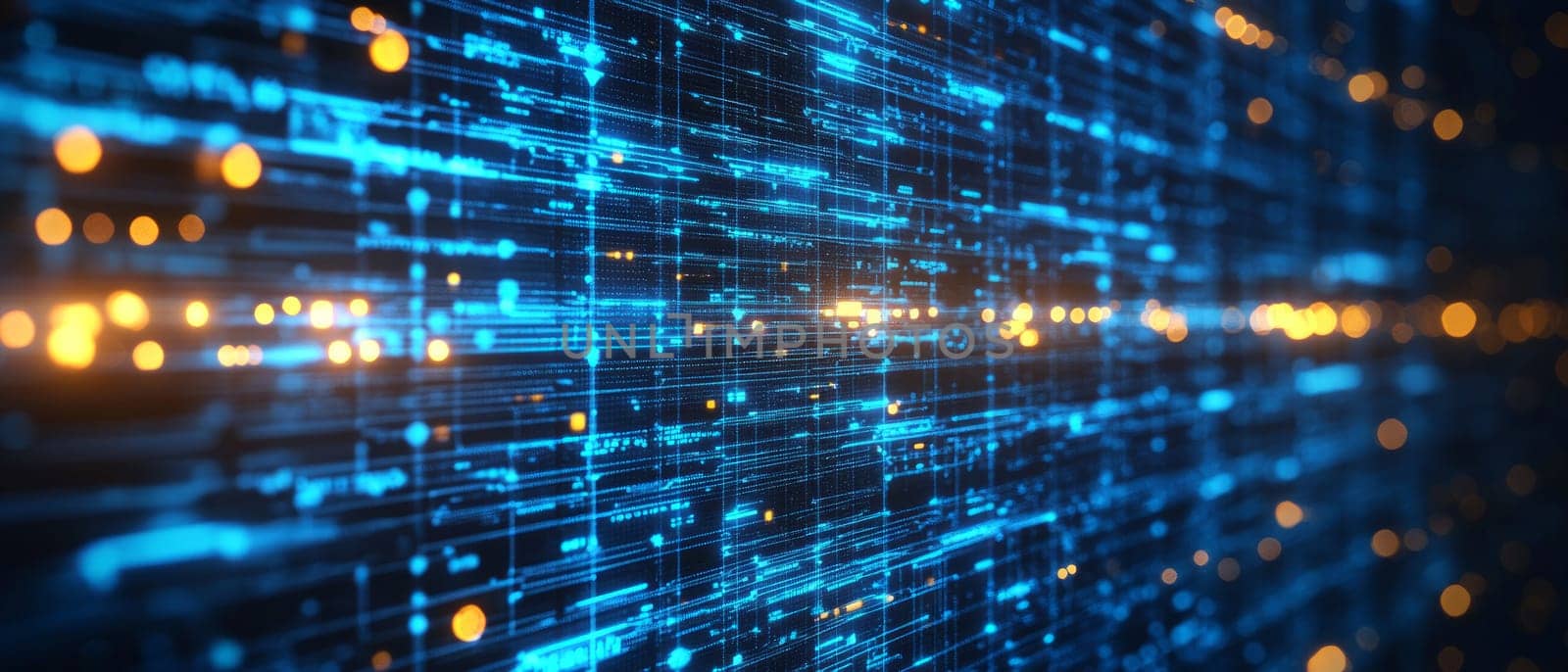 A glowing digital framework, with data streams flowing between server farms and devices. Blue-toned circuits intertwine, representing the invisible infrastructure powering cloud services.
