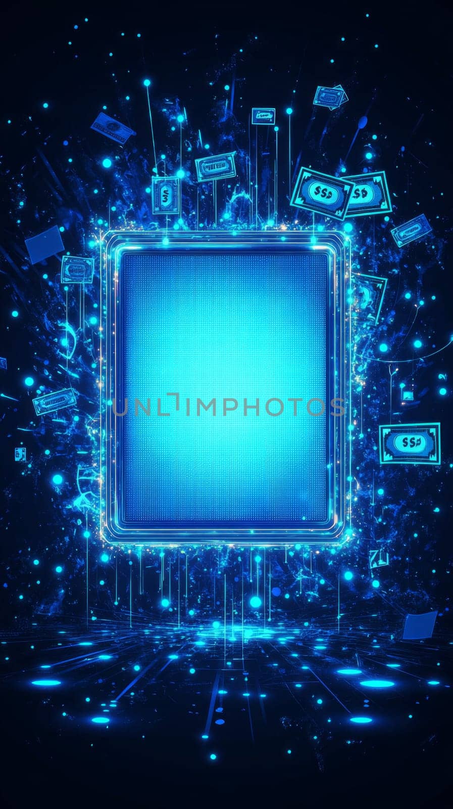 A blank digital canvas glowing with blue-toned lines and dots, with holographic overlays of ads, likes, and dollar signs appearing as the artist creates.