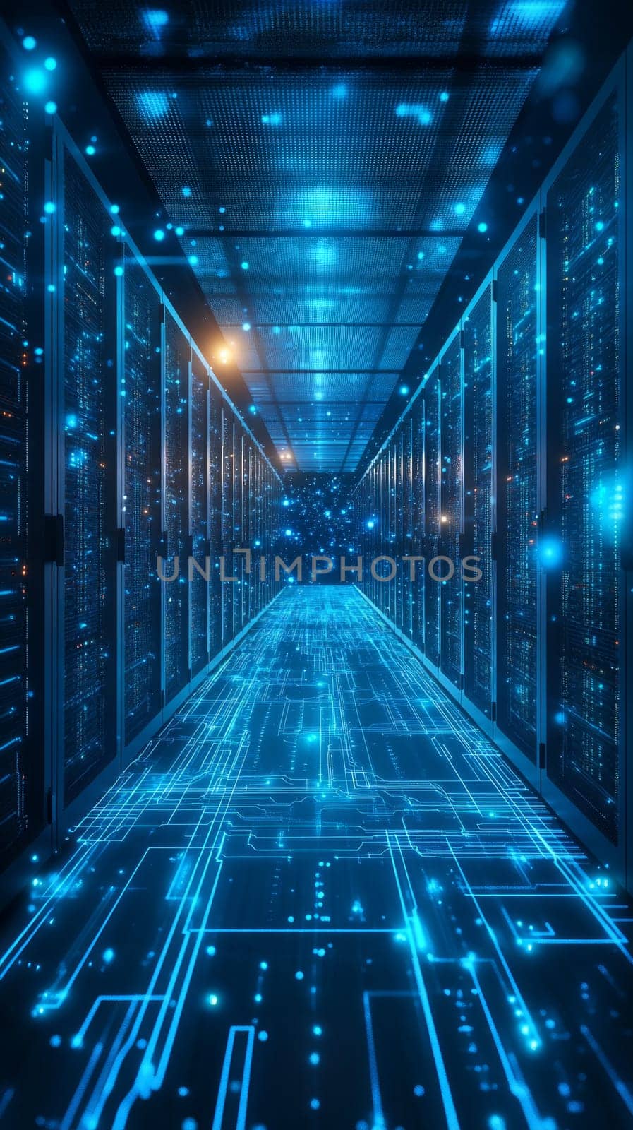 A glowing digital framework, with data streams flowing between server farms and devices. Blue-toned circuits intertwine, representing the invisible infrastructure powering cloud services.