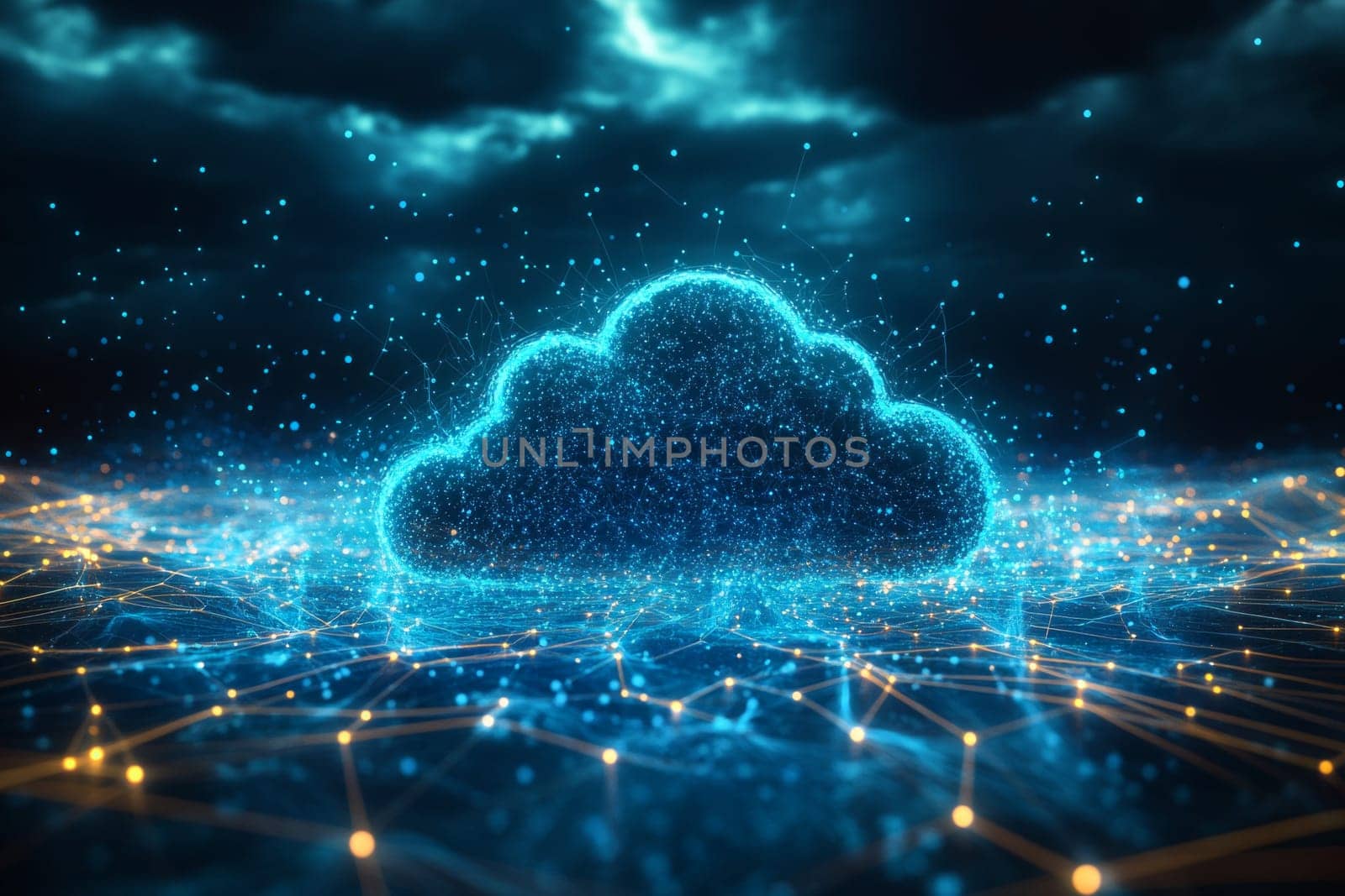 A vast, glowing cloud made of blue-toned particles hovers over an interconnected network of holographic lines and dots, symbolizing the limitless scalability of cloud computing.