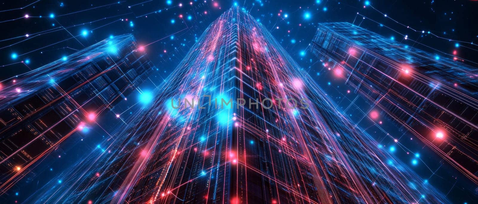 A towering digital skyscraper made of glowing circuits and lines, representing cloud infrastructure. Data flows in holographic streams between servers and nodes within the structure.