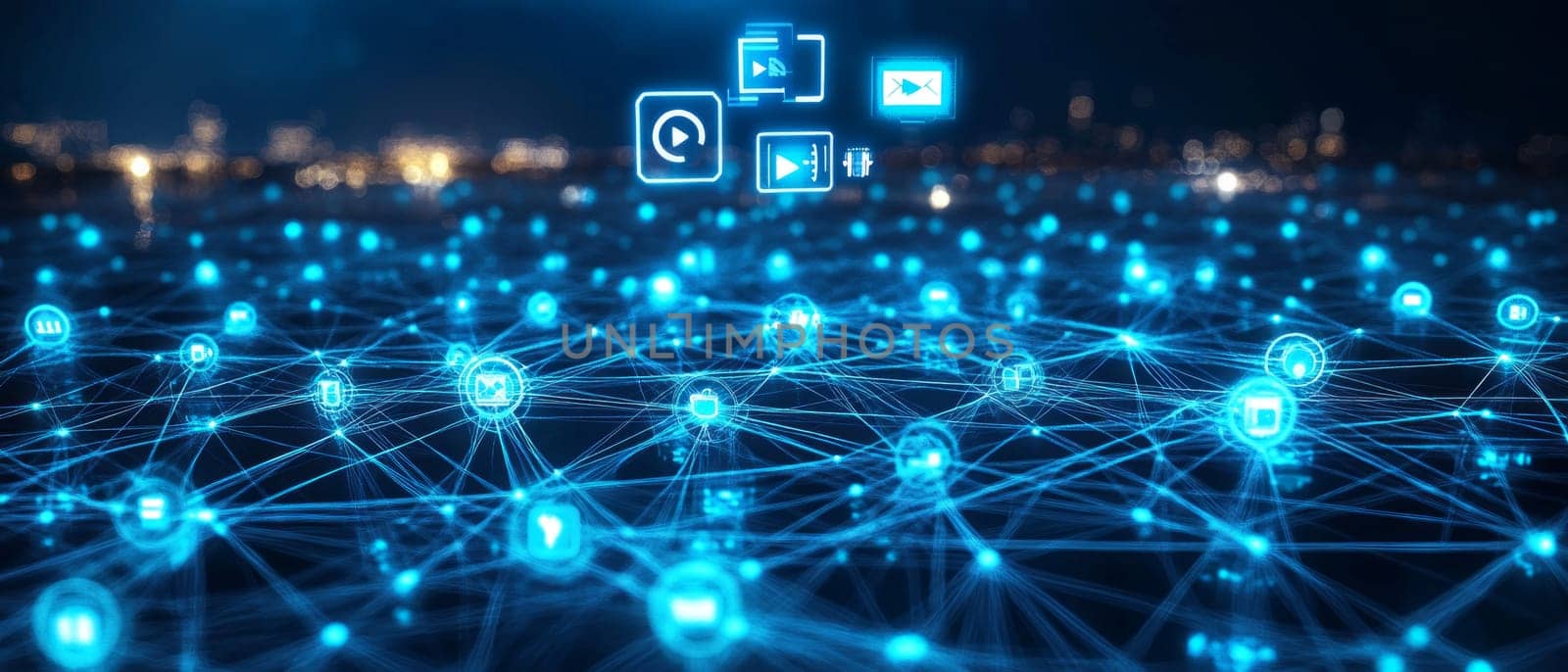 A glowing grid of interconnected blue-toned nodes, each representing a content creator.