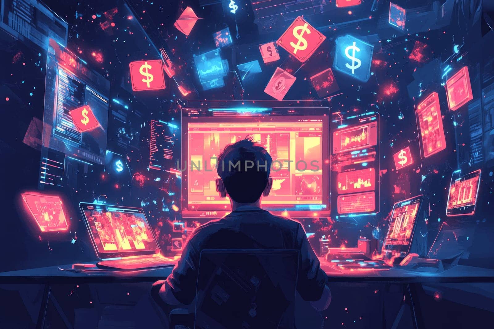 A digital artist surrounded by glowing holographic tools, brushes, and editing panels. Floating dollar signs and monetization icons hover in the air as content flows from the artist's screen.