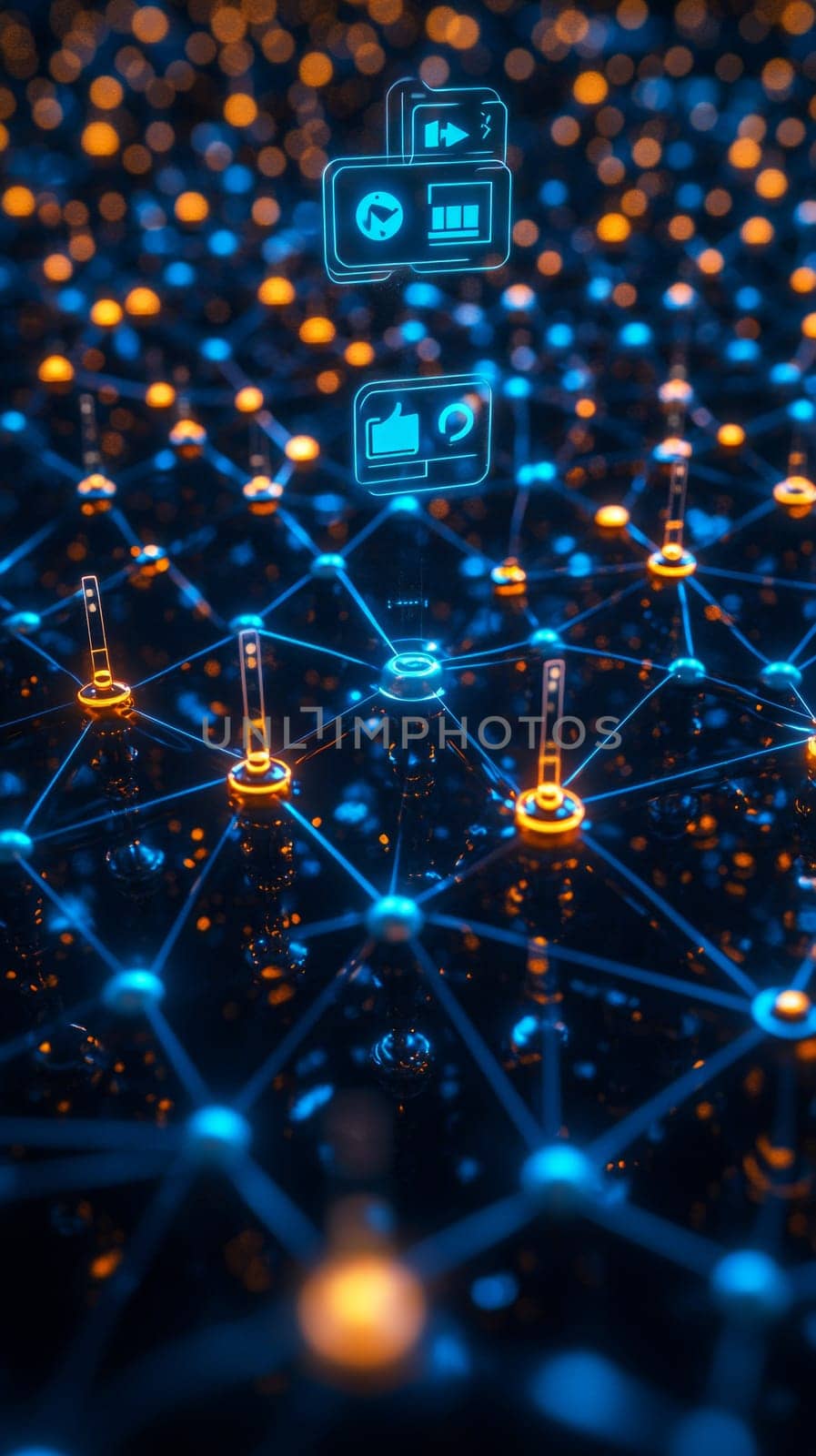 A glowing grid of interconnected blue-toned nodes, each representing a content creator.