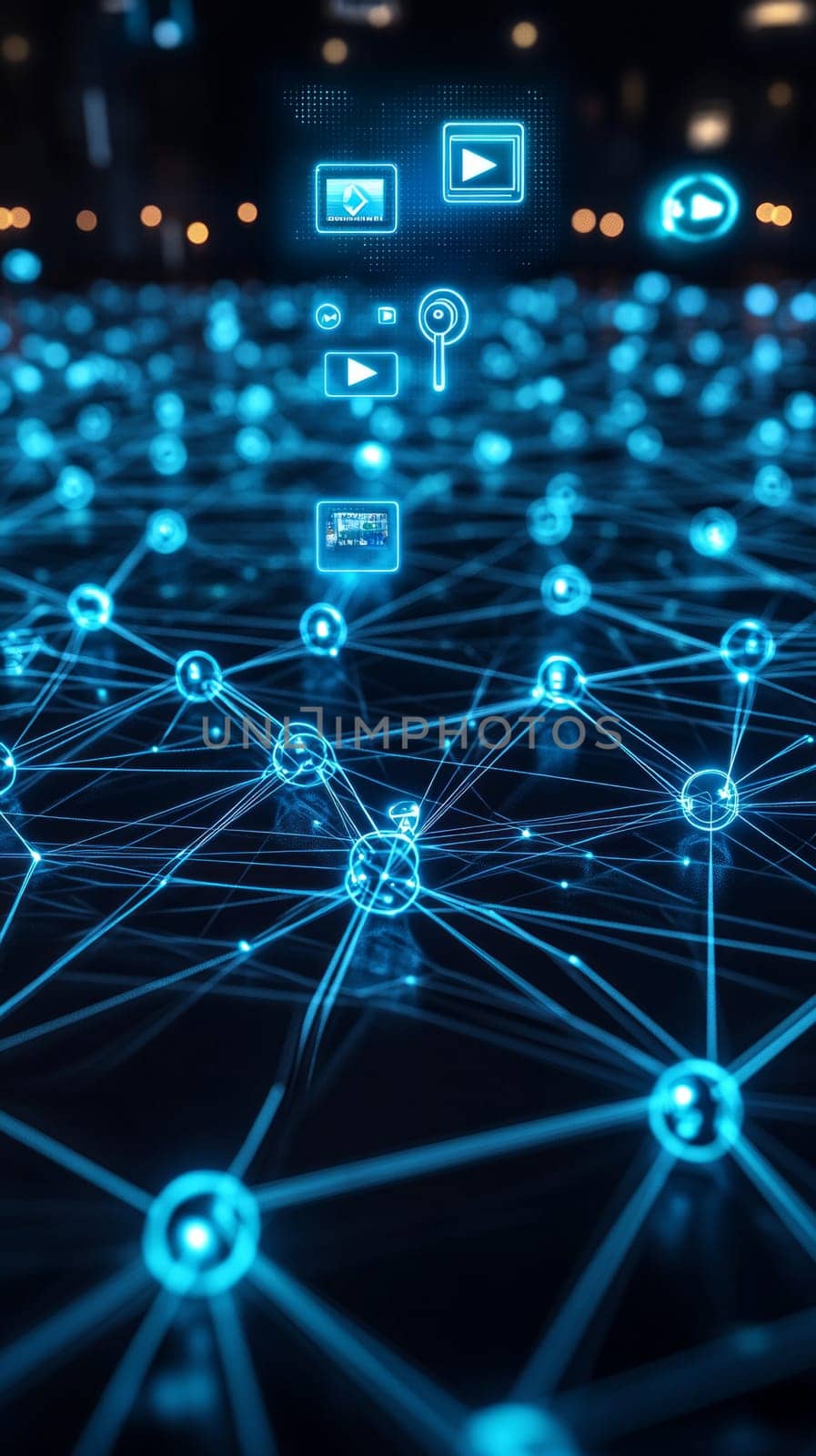 A glowing grid of interconnected blue-toned nodes, each representing a content creator.