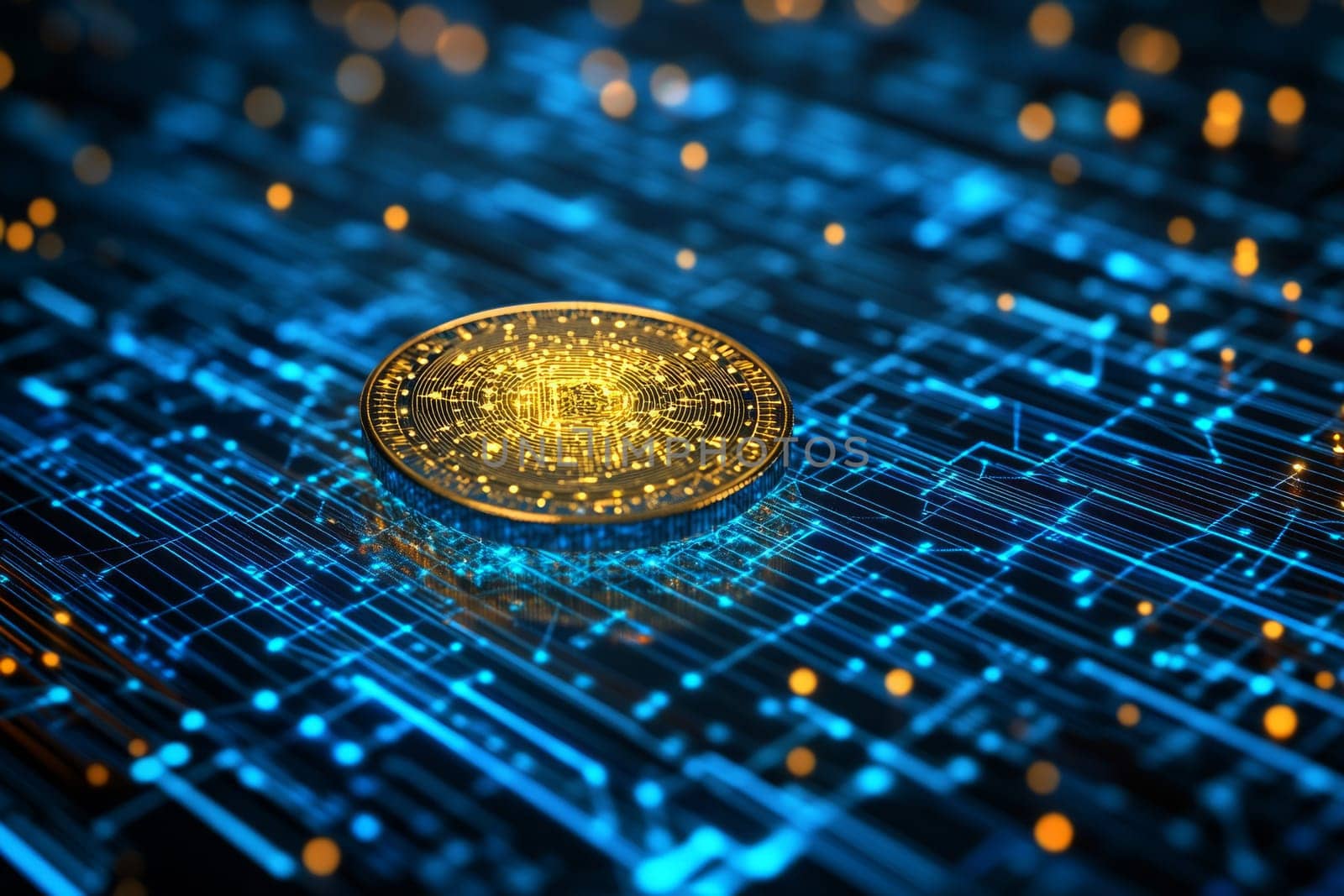 A glowing holographic coin floating above a vast grid of interconnected blue-toned lines and nodes. Data streams flow from central banks to individual users, representing CBDCs.