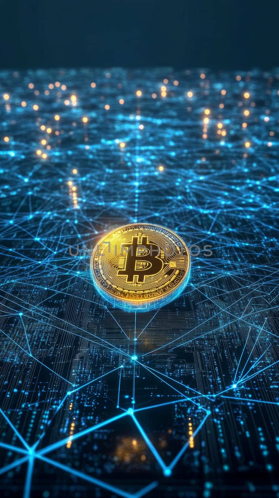 A glowing holographic coin floating above a vast grid of interconnected blue-toned lines and nodes. Data streams flow from central banks to individual users, representing CBDCs.