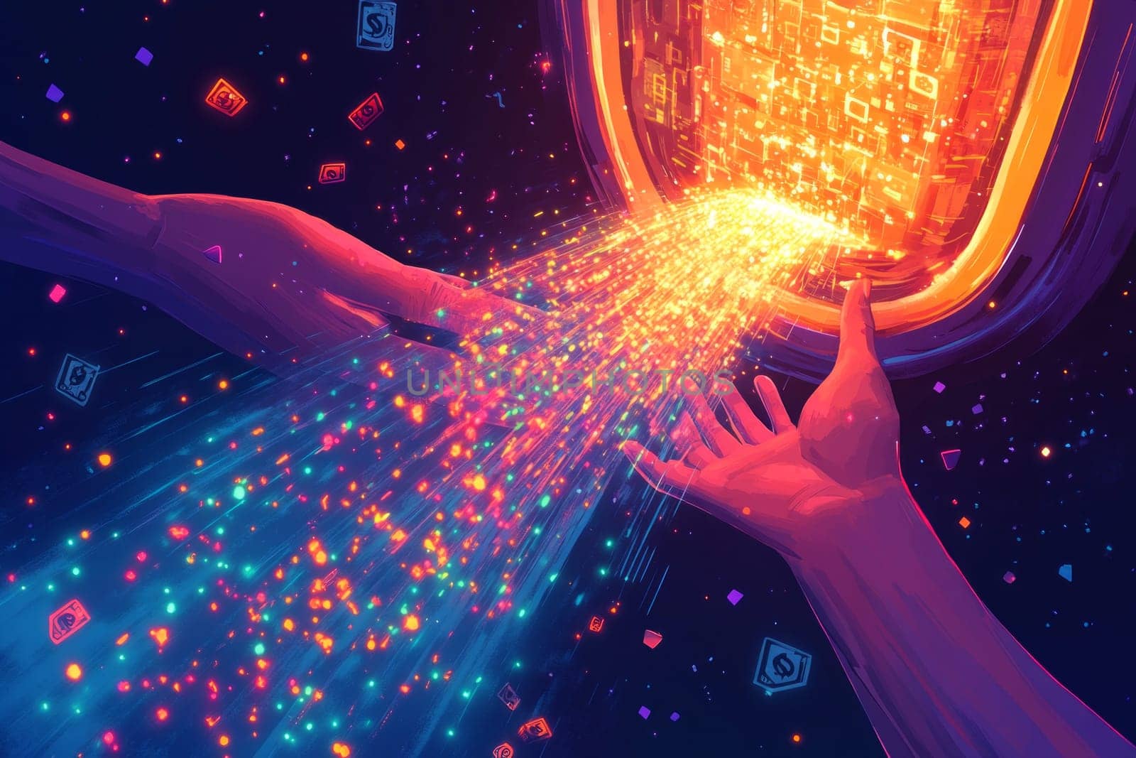 A stream of digital content flowing from a creator’s hand, pixel by pixel, into a glowing vault filled with dollar signs and monetization symbols.