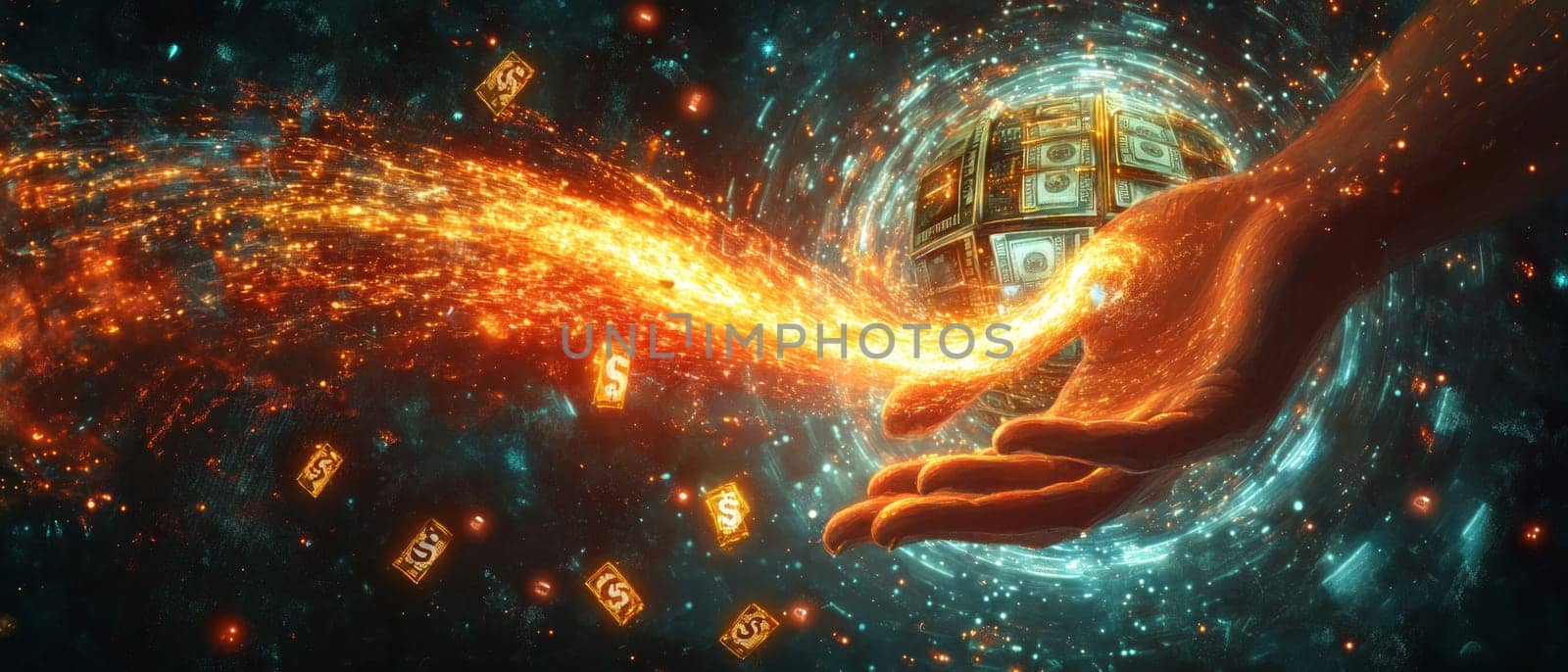 A stream of digital content flowing from a creator’s hand, pixel by pixel, into a glowing vault filled with dollar signs and monetization symbols.