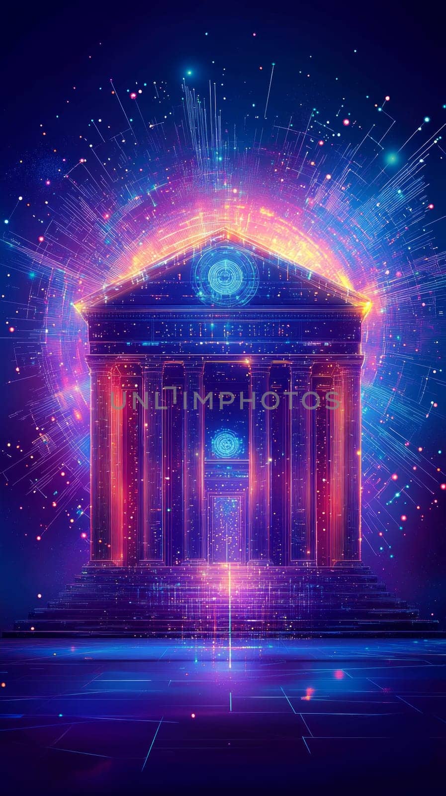 A glowing central bank building with holographic data streams radiating outward, connecting to digital wallets and financial systems. The building sits at the core of a vast digital network.