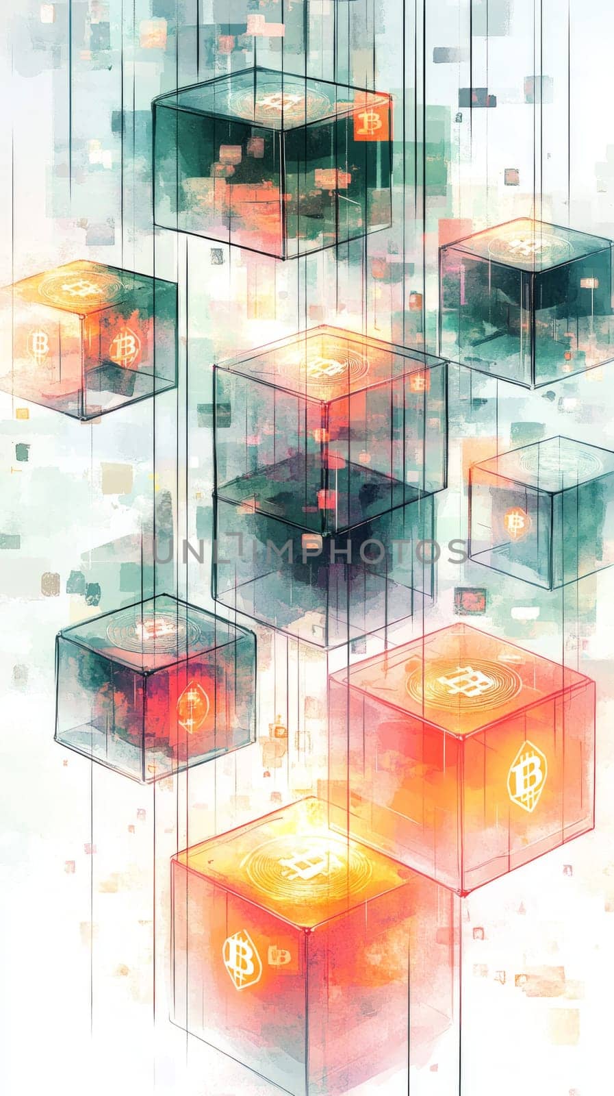 A blockchain grid with glowing digital coins traveling through transparent blocks. Each block is connected to central banks, representing the secure transfer of CBDCs through blockchain technology.
