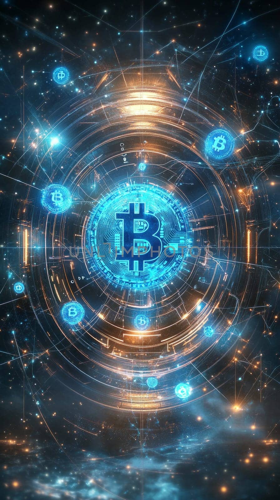 A futuristic vault glowing with holographic blue-toned coins, representing digital currencies. Particle effects swirl around the vault as lines connect it to global financial institutions.