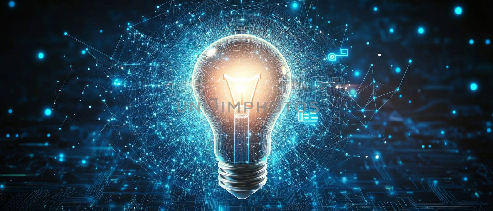 A glowing lightbulb surrounded by a swirling cloud of holographic blue lines, dots, and circuit patterns. Particle effects represent creative ideas forming and expanding in the digital space.