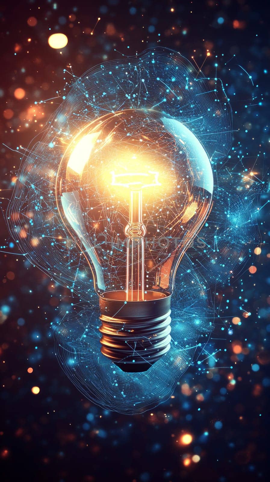 A glowing lightbulb surrounded by a swirling cloud of holographic blue lines, dots, and circuit patterns. Particle effects represent creative ideas forming and expanding in the digital space.