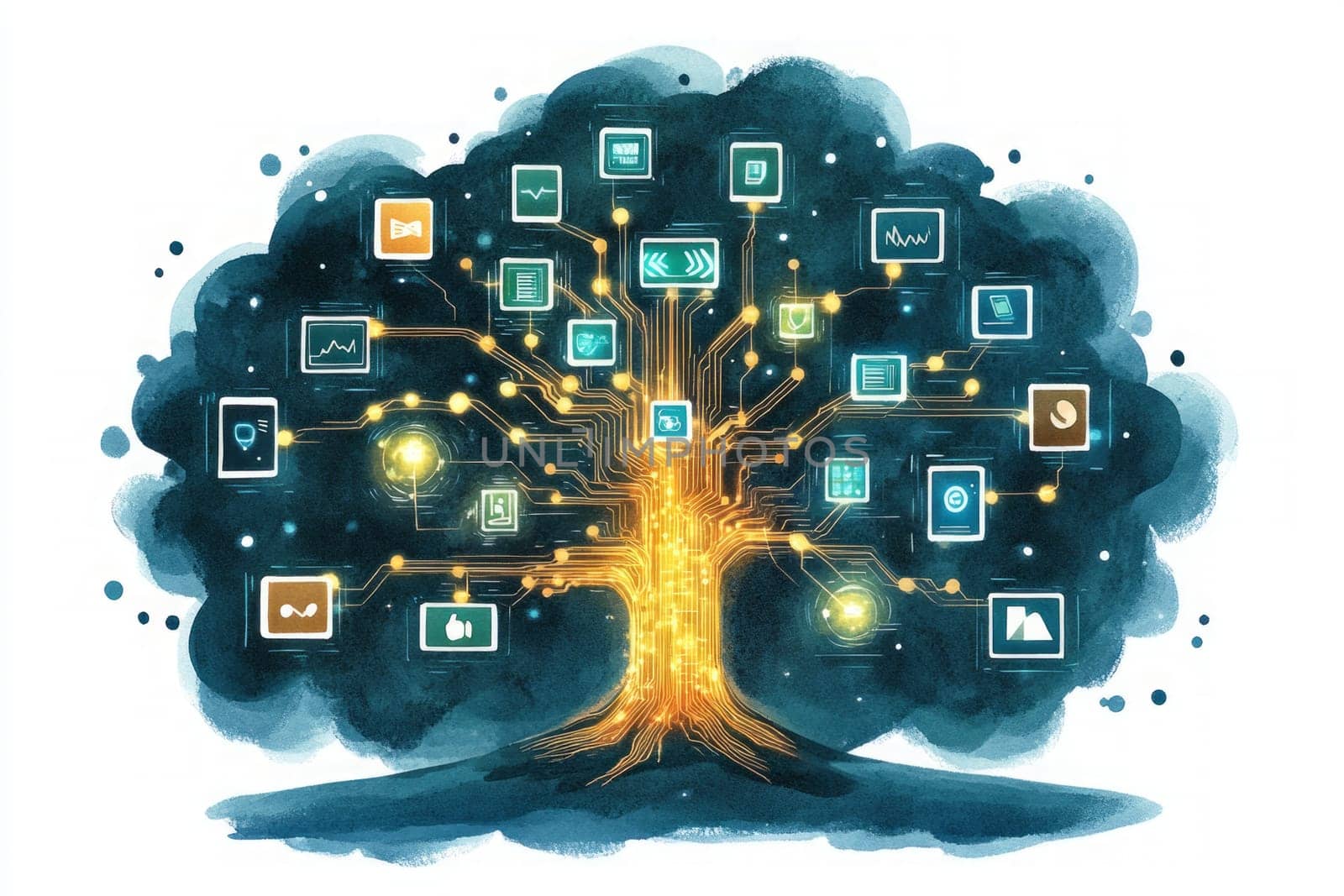 A glowing tree made of digital circuits, with branches extending out into holographic devices, apps, and data streams. Each branch symbolizes a new digital business or entrepreneurial idea.