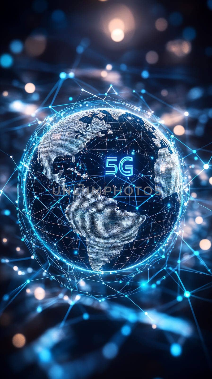 A holographic globe surrounded by swirling blue-toned lines and dots, representing the global reach of 5G. Cities, devices, and people are all interconnected through a seamless digital network.