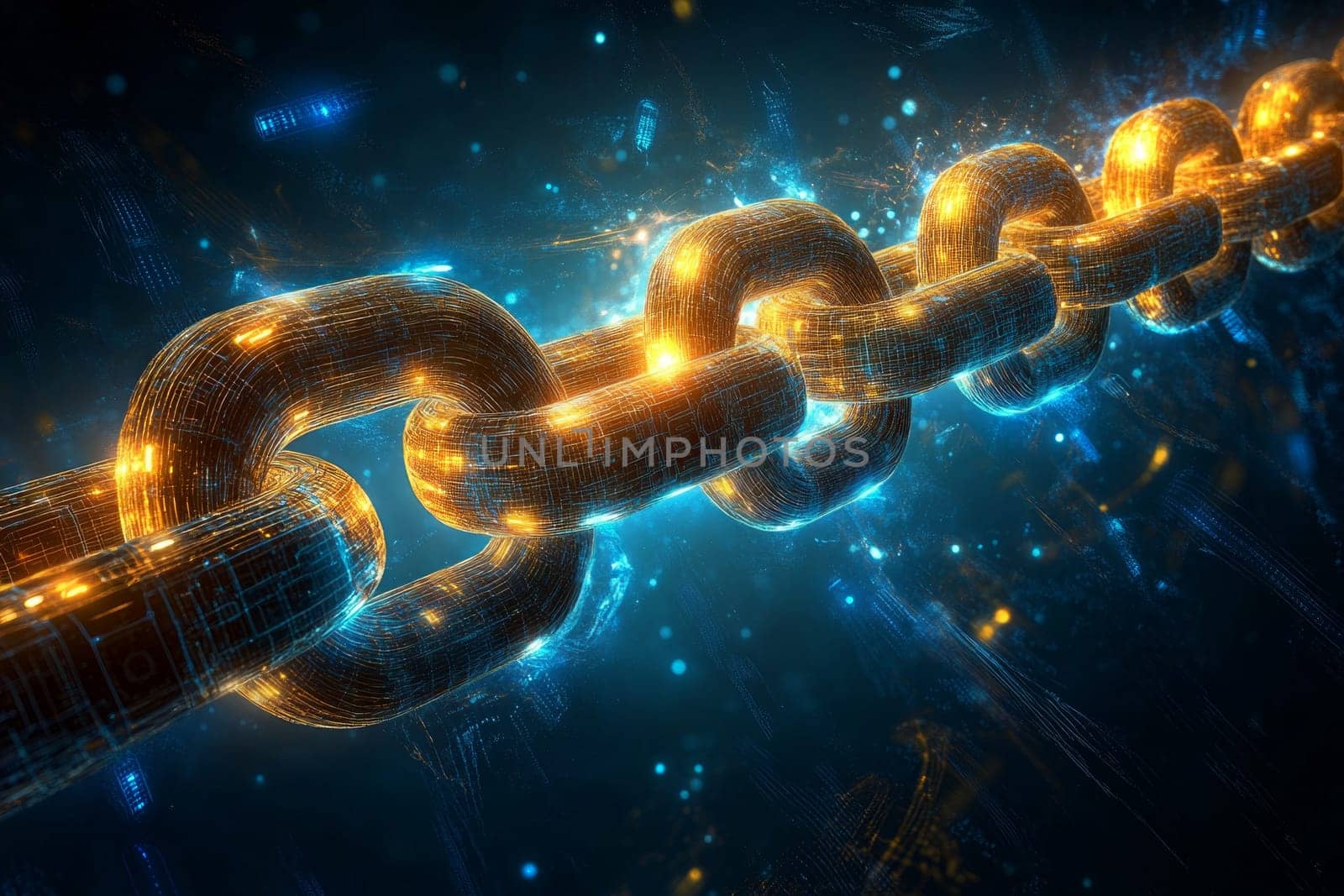 A glowing chain made of holographic links, each representing a stage of the digital supply chain—from production to distribution.